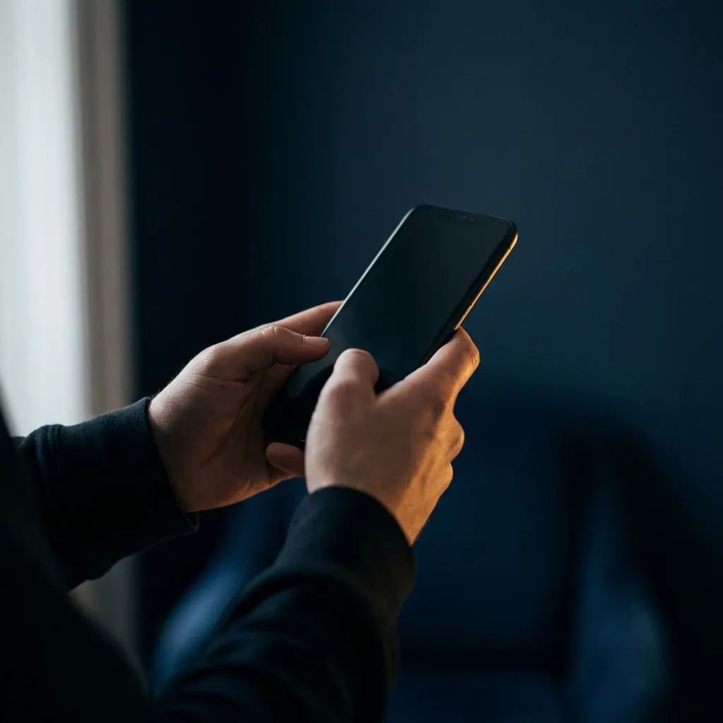 Mãos segurando um celular durante a rotina da manhã