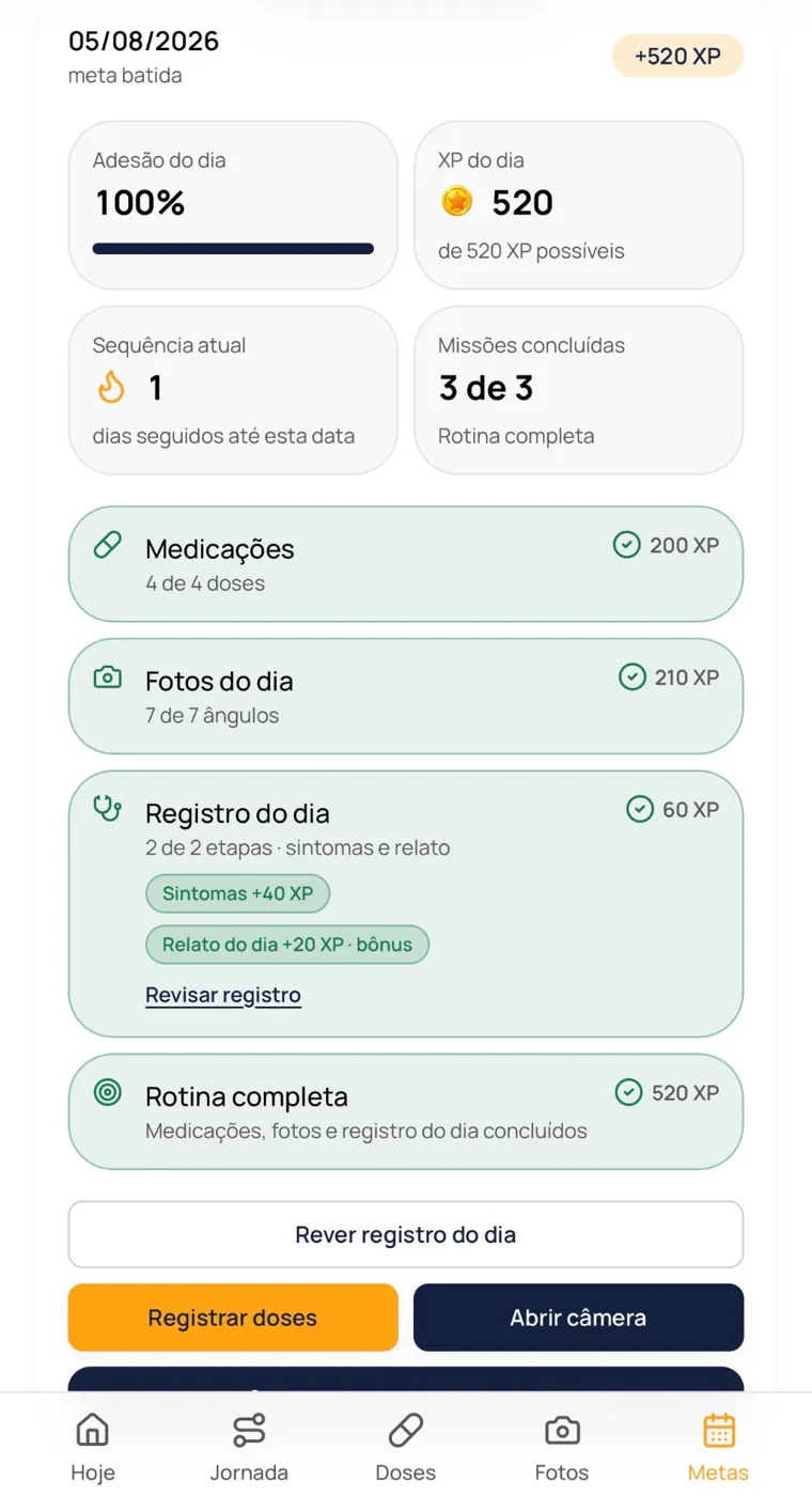Painel do dia no Up Hair com adesão, XP e detalhamento das missões concluídas