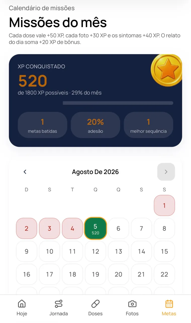 Tela Metas do Up Hair com calendário de missões e XP acumulado no mês